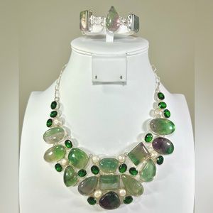 Fluorite Pearl 925 Large Gemstone Necklace & Bracelet